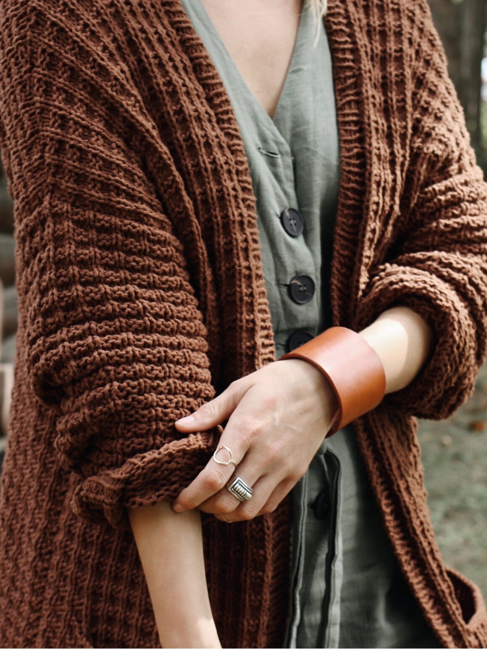 OKA KIE waffle knit cardigan sweater tan brown cotton cozy knit lounge medium